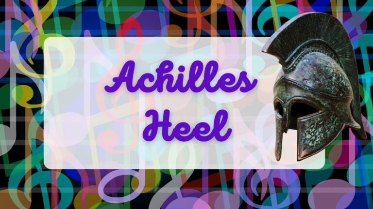 Military helmet on background of musical notes with text Achilles Heel