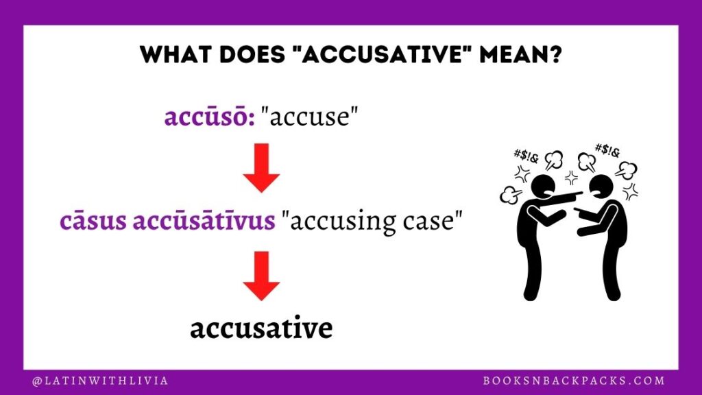 Graphic showing the etymology of accusative with an image of two people yelling at each other
