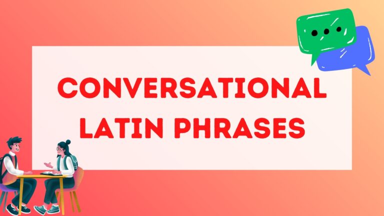 Graphic saying Conversational Latin Phrases with text bubbles floating nearby and two people talking over a table