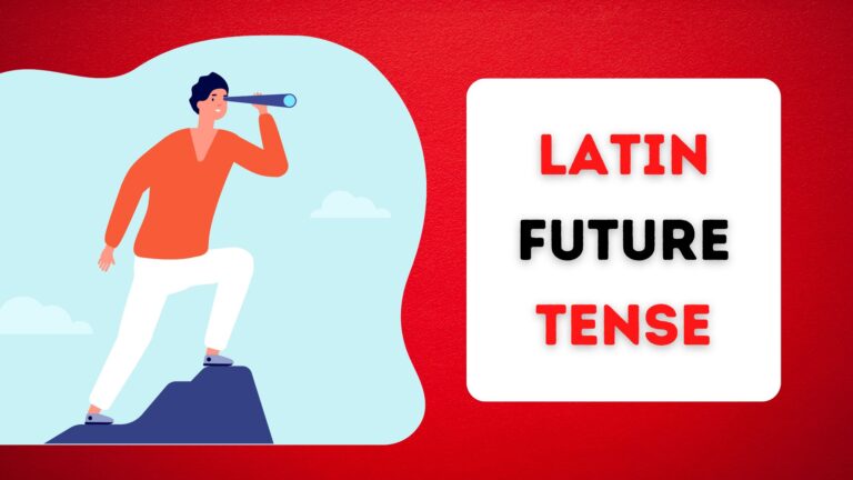 A man stands on a mountain peak looking through a spyglass next to the title 'Latin future tense'