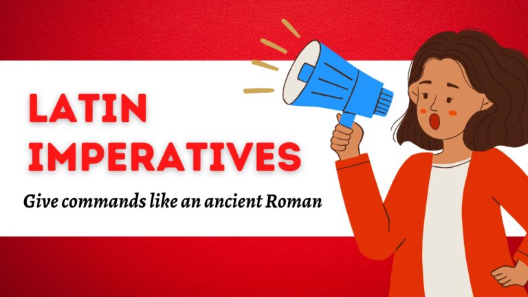 A woman shouts into a megaphone with the caption Latin imperatives - give commands like an ancient Roman